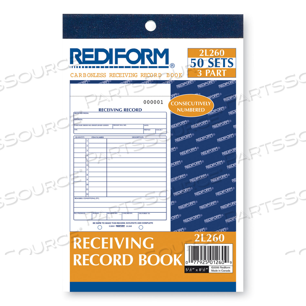 RECEIVING RECORD BOOK, THREE-PART CARBONLESS, 5.56 X 7.94, 50 FORMS TOTAL by Rediform