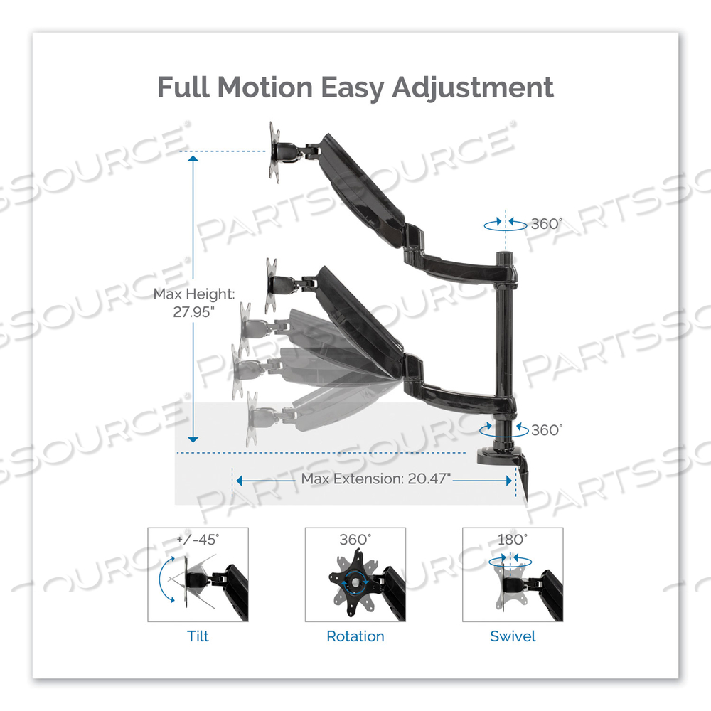 PLATINUM SERIES DUAL STACKING ARM FOR 27" MONITORS, 360 DEG ROTATION, 180 DEG TILT, 360 DEG PAN, BLACK, SUPPORTS 22 LB 