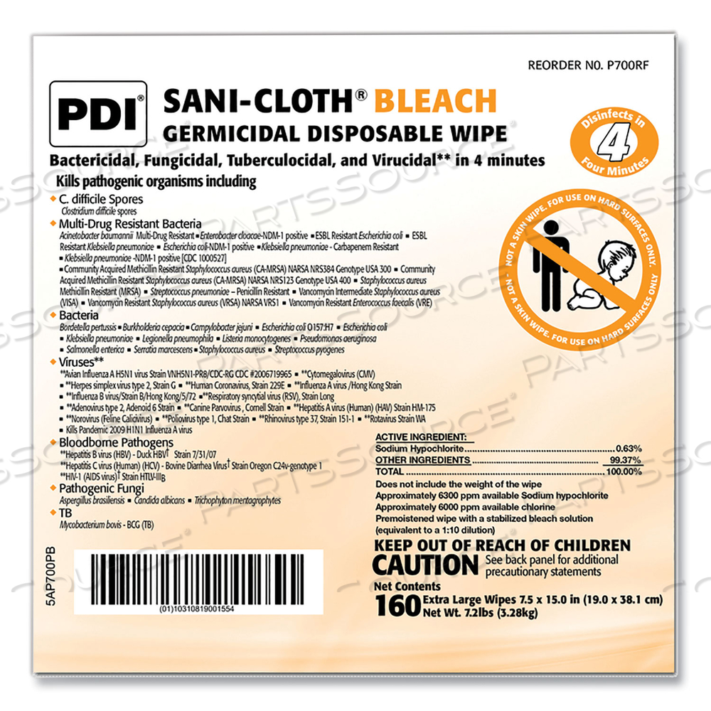 SANI-CLOTH BLEACH GERMICIDAL DISPOSABLE WIPE REFILL, 7.5 X 15, UNSCENTED, WHITE, 160/BAG by Sani Professional
