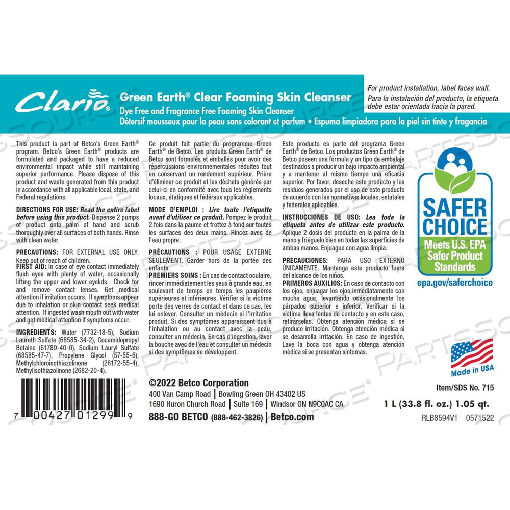 GREEN EARTH CLEAR FOAMING SKIN CLEANSER, FRAGRANCE-FREE, 1,000 ML REFILL BAG GREEN EARTH CLEAR FOAMING SKIN CLEANSER, FRAGRANCE-FREE, 1,000 ML REFILL BAG