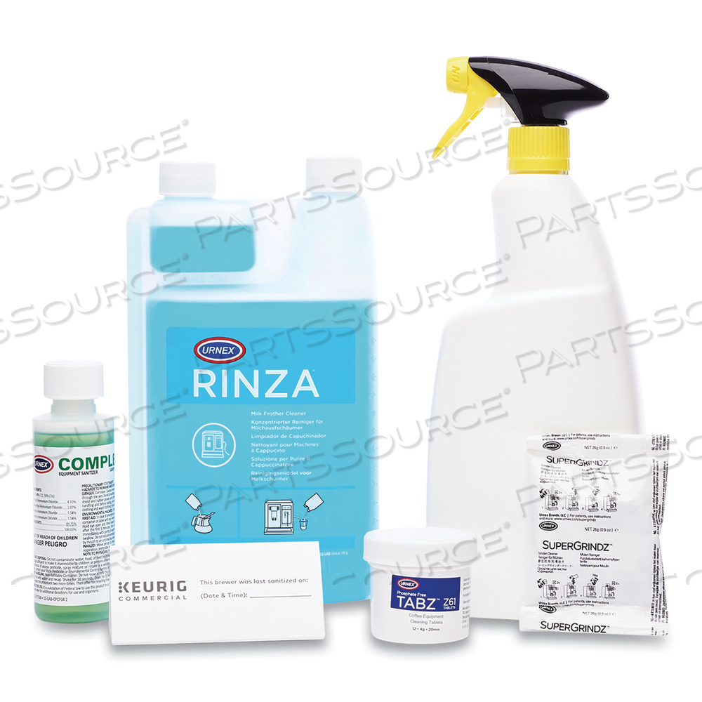 BEAN TO CUP BREWER DEEP CLEANING KIT, 4OZ COMPLETE CAFE, (3) 32OZ RINZA, (12)TABZ Z61, (3) SUPERGRINDZ A01, SPRAY BOTTLE 