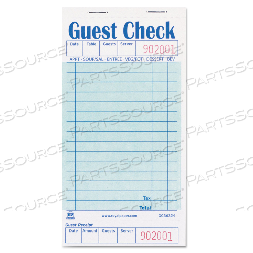 GUEST CHECK PAD WITH RULED BACK, 15 LINES, ONE-PART (NO COPIES), 3.5 X 6.7, 50 FORMS/PAD by Royal Paper