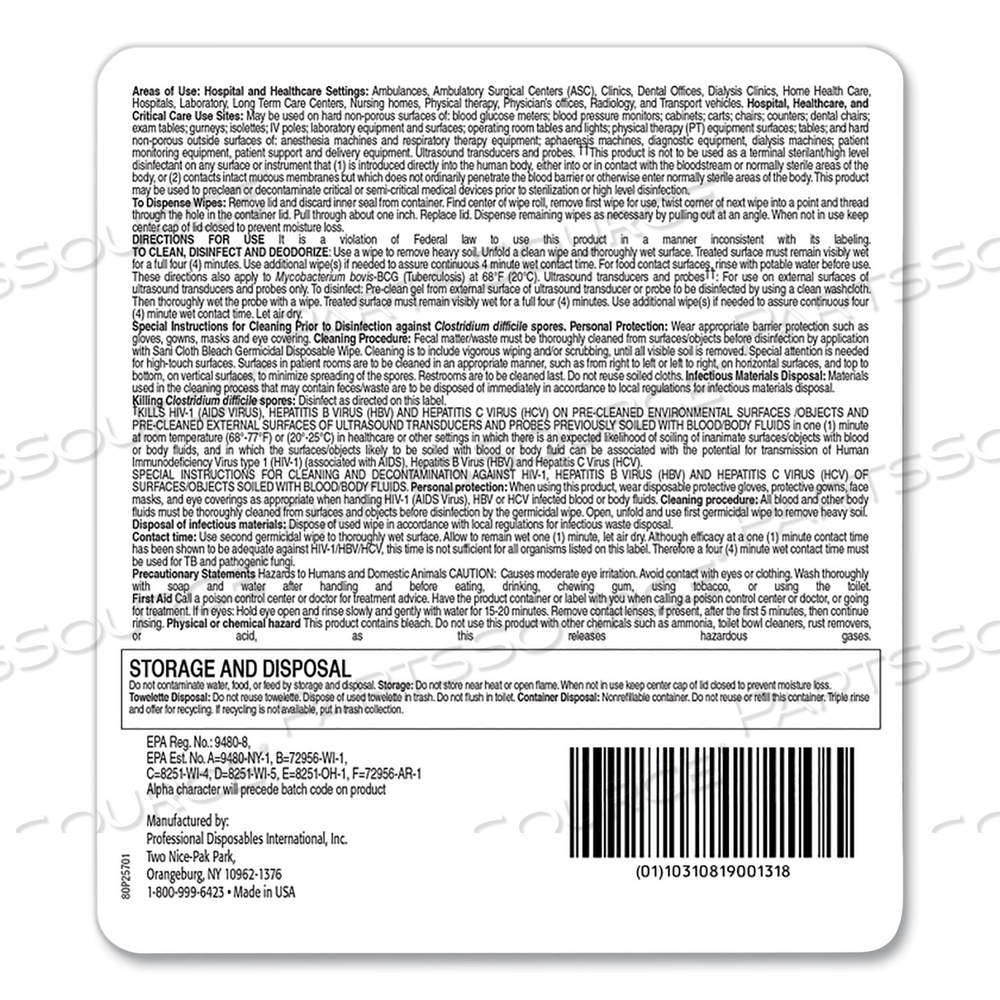 SANI-CLOTH BLEACH GERMICIDAL DISPOSABLE WIPES, 7.5 X 15, UNSCENTED, WHITE by Sani Professional