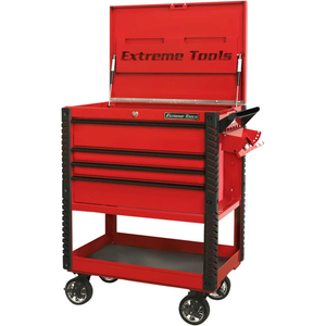 33"WX22-7/8"D 4 DRAWER DELUXE RED TOOL CART W/BUMPERS BLACK DRAWER PULLS by Extreme Tools Inc. 33"WX22-7/8"D 4 DRAWER DELUXE RED TOOL CART W/BUMPERS BLACK DRAWER PULLS by Extreme Tools Inc.