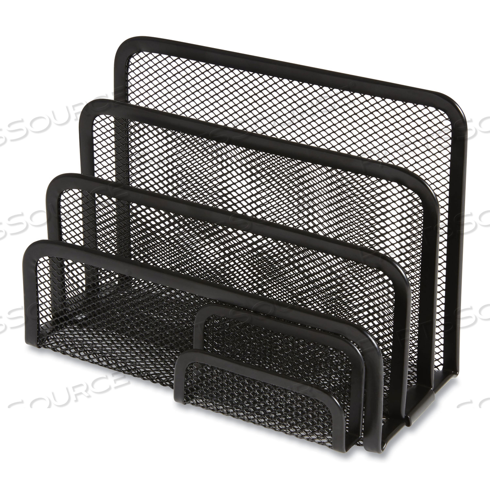 WIRE MESH MAIL SORTER WITH BUSINESS CARD HOLDER, 4 SECTIONS, #6 1/4 TO #16 ENVELOPES, 5.59 X 3.93 X 7.55, MATTE BLACK by TRU RED