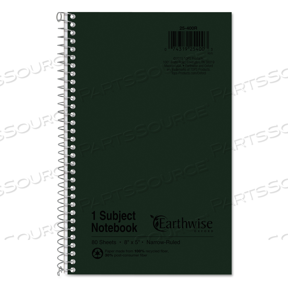 EARTHWISE BY OXFORD RECYCLED ONE-SUBJECT NOTEBOOK, NARROW RULE, GREEN COVER, 8 X 5, 80 SHEETS by Oxford EARTHWISE BY OXFORD RECYCLED ONE-SUBJECT NOTEBOOK, NARROW RULE, GREEN COVER, 8 X 5, 80 SHEETS by Oxford