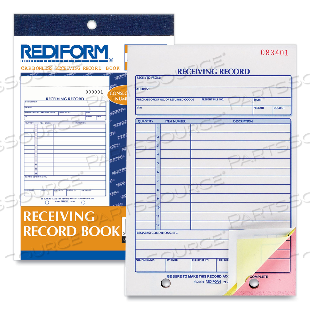 RECEIVING RECORD BOOK, THREE-PART CARBONLESS, 5.56 X 7.94, 50 FORMS TOTAL by Rediform