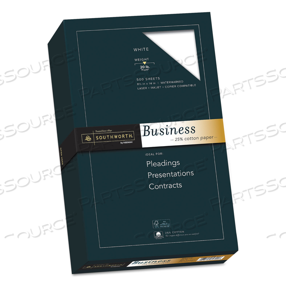 25% COTTON BUSINESS PAPER, 95 BRIGHT, 20 LB BOND WEIGHT, 8.5 X 14, WHITE, 500 SHEETS/REAM by SOUTHWORTH PRODUCTS CORP