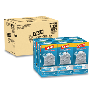 FORCEFLEXPLUS ODORSHIELD TALL KITCHEN DRAWSTRING TRASH BAGS, 13 GAL, 0.9 MIL, 24" X 28", WHITE, 34 BAGS/BOX by Glad FORCEFLEXPLUS ODORSHIELD TALL KITCHEN DRAWSTRING TRASH BAGS, 13 GAL, 0.9 MIL, 24" X 28", WHITE, 34 BAGS/BOX by Glad