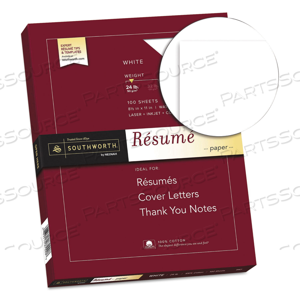 100% COTTON RESUME PAPER, 95 BRIGHT, 24 LB BOND WEIGHT, 8.5 X 11, WHITE by SOUTHWORTH PRODUCTS CORP