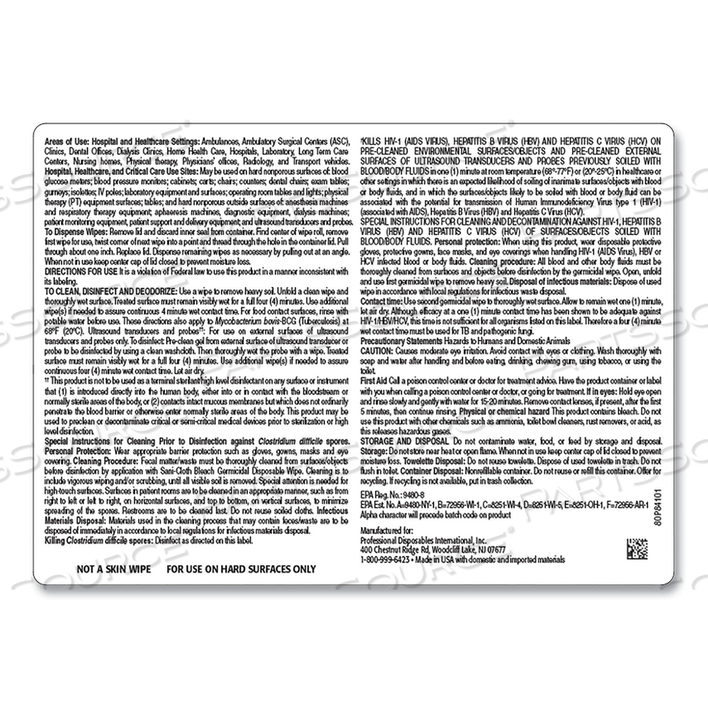 SANI-CLOTH BLEACH GERMICIDAL DISPOSABLE WIPES, 7.5 X 15, UNSCENTED, WHITE, 160/CANISTER by Sani Professional