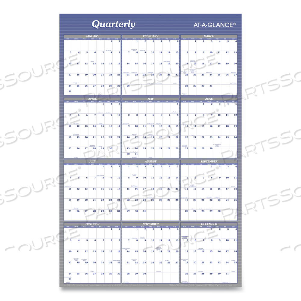 VERTICAL/HORIZONTAL ERASABLE QUARTERLY/MONTHLY WALL PLANNER, 24 X 36, WHITE/BLUE SHEETS, 12-MONTH (JAN TO DEC): 2023 by At-A-Glance