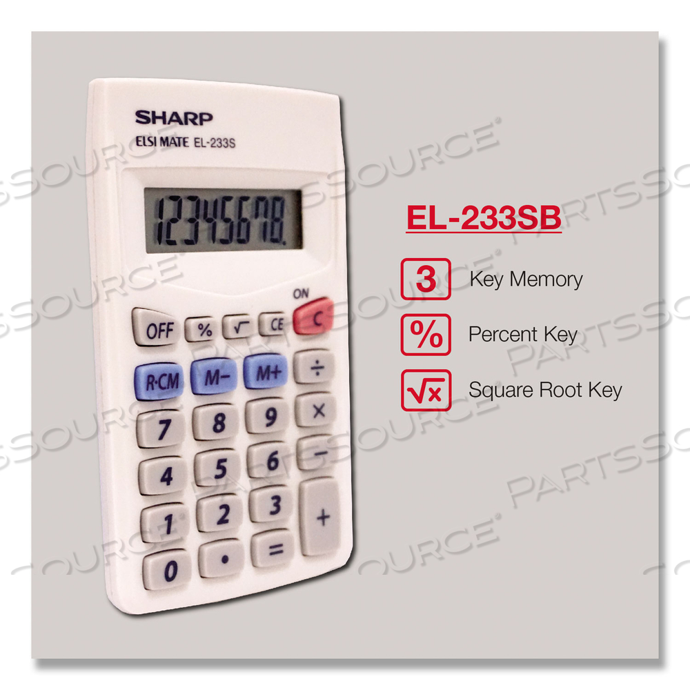 8-DIGIT POCKET CALCULATOR, 2-1/4" X 3-3/4" X 1/2", GREY/WHITE by Sharp Electronics Corporation