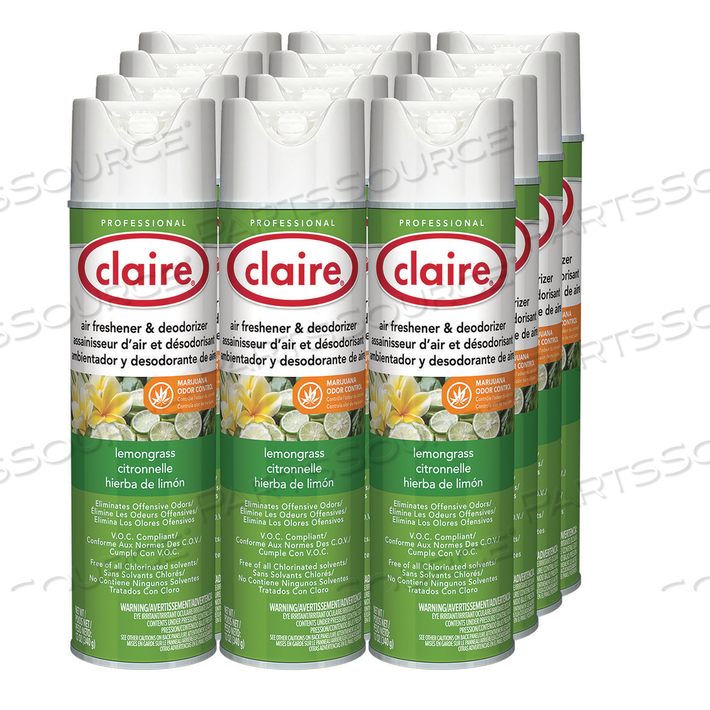 AEROSOL AIR FRESHENER AND DEODORIZER, LEMONGRASS CITRONELLA, 12 OZ AEROSOL SPRAY, 12 CANS by Claire