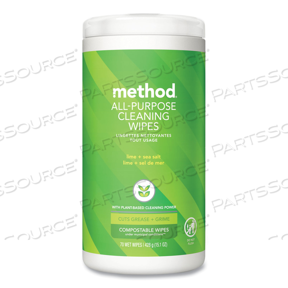 ALL PURPOSE CLEANING WIPES, 1 PLY, LIME AND SEA SALT, WHITE, 70/CANISTER by Method
