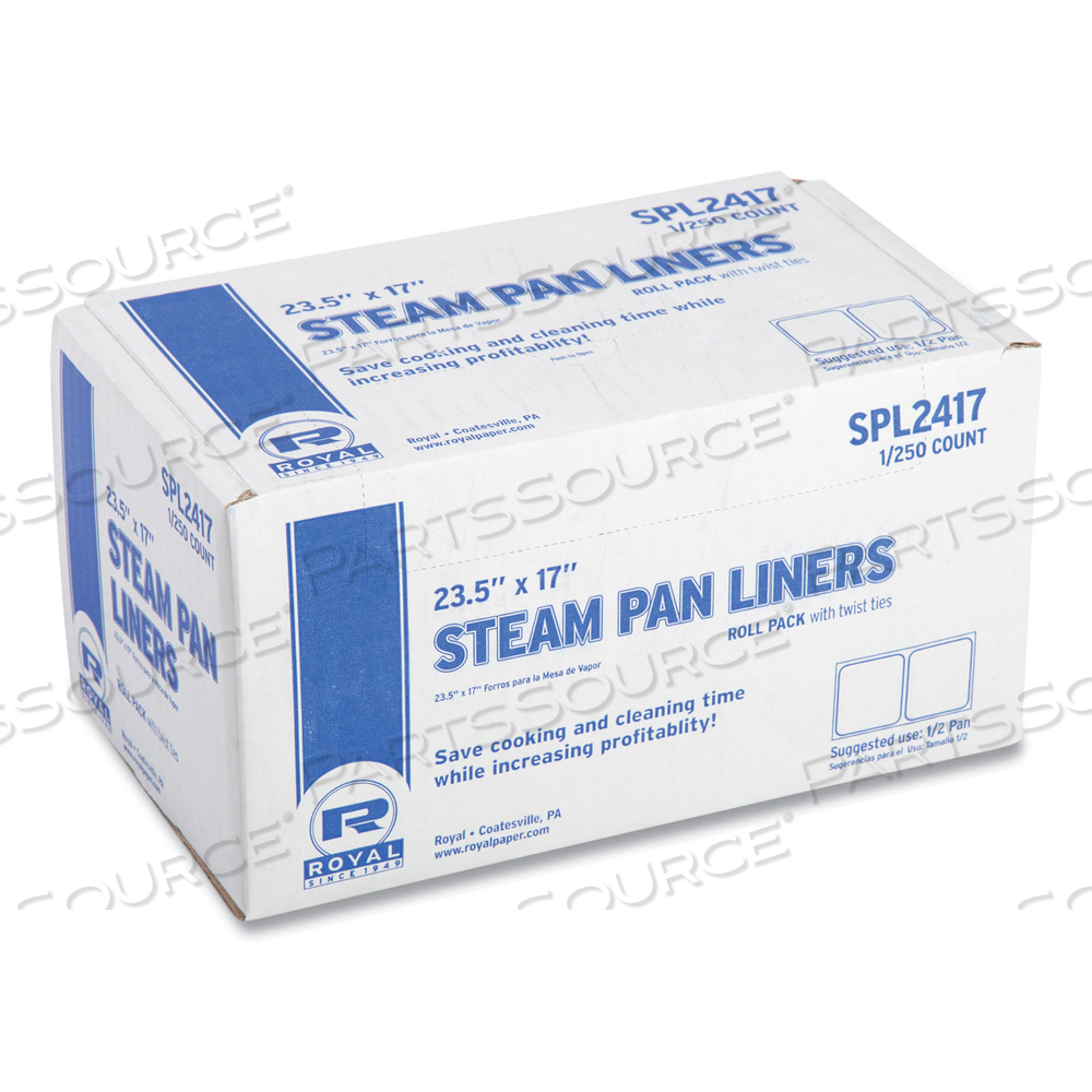 STEAM PAN LINERS WITH TWIST TIES, FOR 1/2 PAN SIZED STEAM PANS, 0.02 MIL, 17" X 23.5" by Royal Paper STEAM PAN LINERS WITH TWIST TIES, FOR 1/2 PAN SIZED STEAM PANS, 0.02 MIL, 17" X 23.5" by Royal Paper