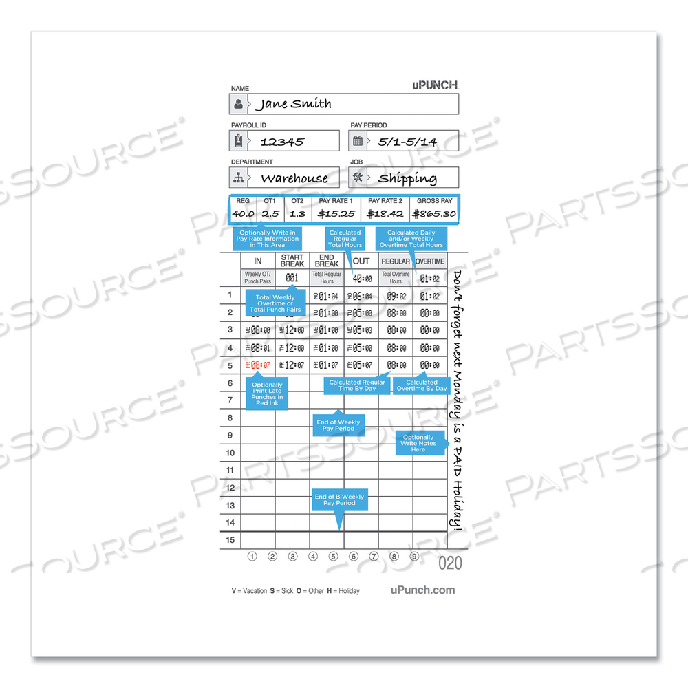 TIME CLOCK CARDS FOR UPUNCH HN4000, TWO SIDES, 7.37 X 3.37 by uPunch
