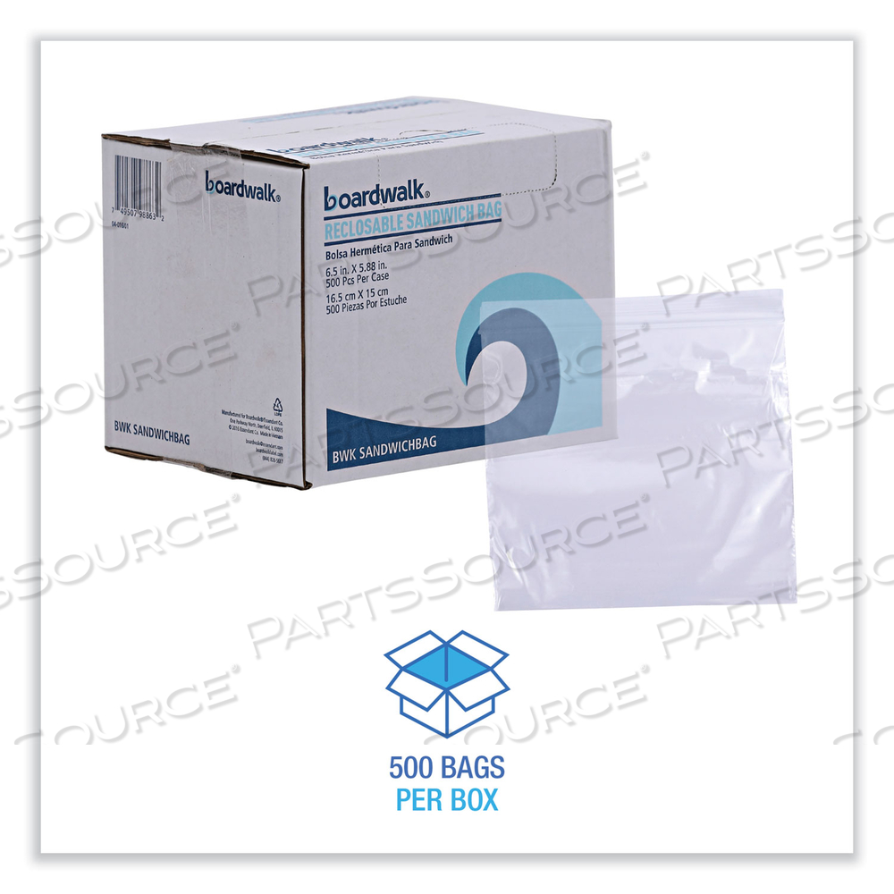 RECLOSABLE FOOD STORAGE BAGS, SANDWICH, 1.15 MIL, 6.5" X 5.89", CLEAR by Boardwalk