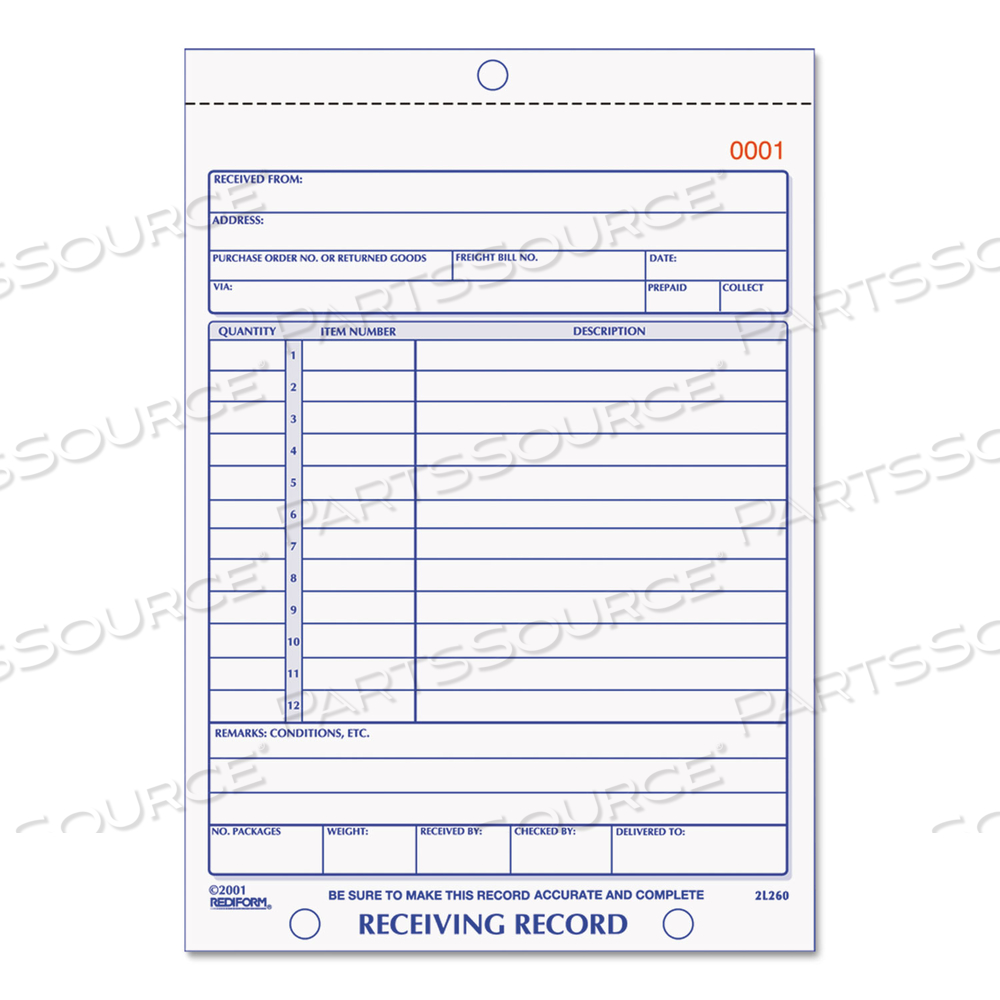 RECEIVING RECORD BOOK, THREE-PART CARBONLESS, 5.56 X 7.94, 50 FORMS TOTAL by Rediform