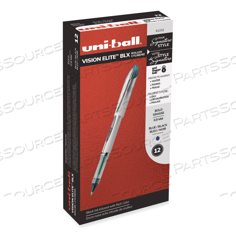 VISION ELITE ROLLER BALL PEN, STICK, BOLD 0.8 MM, BLUE-BLACK INK, WHITE/BLUE BARREL by Uni-Ball