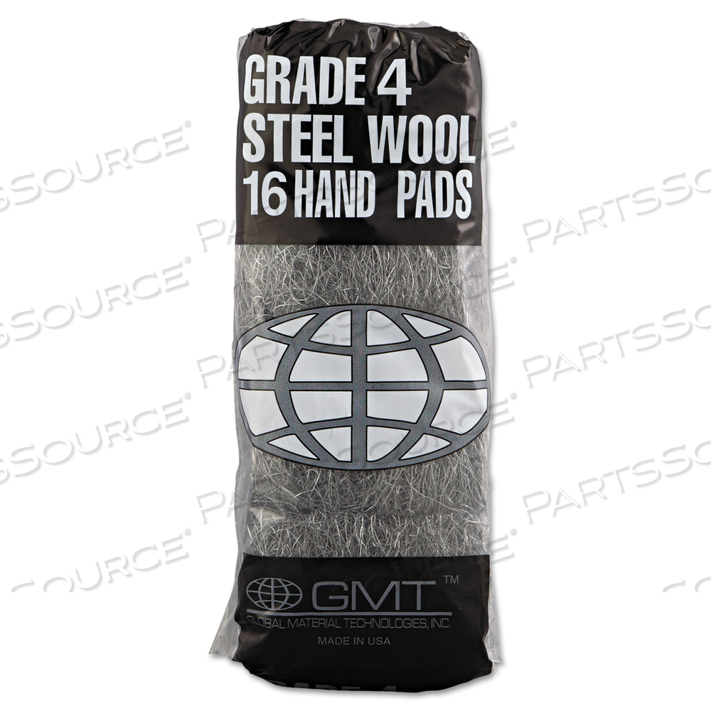 INDUSTRIAL-QUALITY STEEL WOOL HAND PADS, #4 EXTRA COARSE, STEEL GRAY, 16 PADS/SLEEVE by GMT