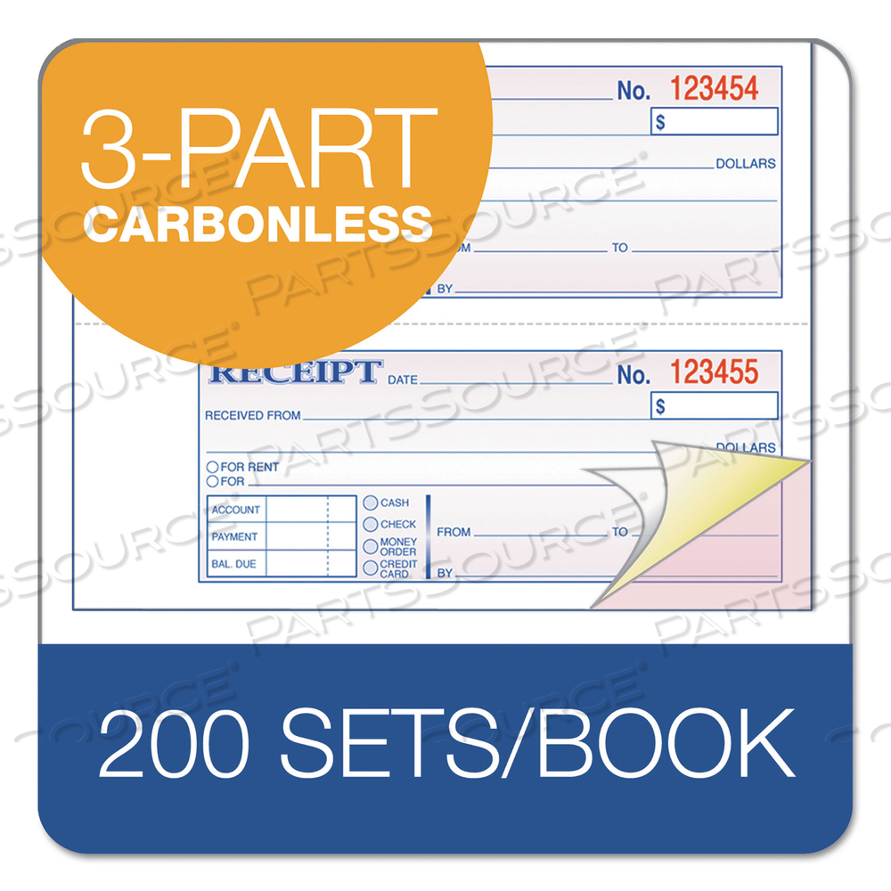 TOPS 3-PART HARDBOUND RECEIPT BOOK, THREE-PART CARBONLESS, 7 X 2.75, 4 FORMS/SHEET, 200 FORMS TOTAL by Adams
