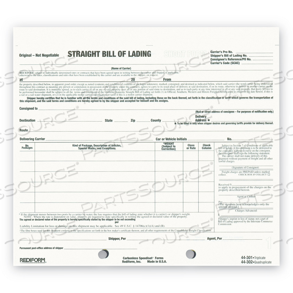 SNAP-A-WAY BILL OF LADING, SHORT FORM, THREE-PART CARBONLESS, 7 X 8.5 by Rediform