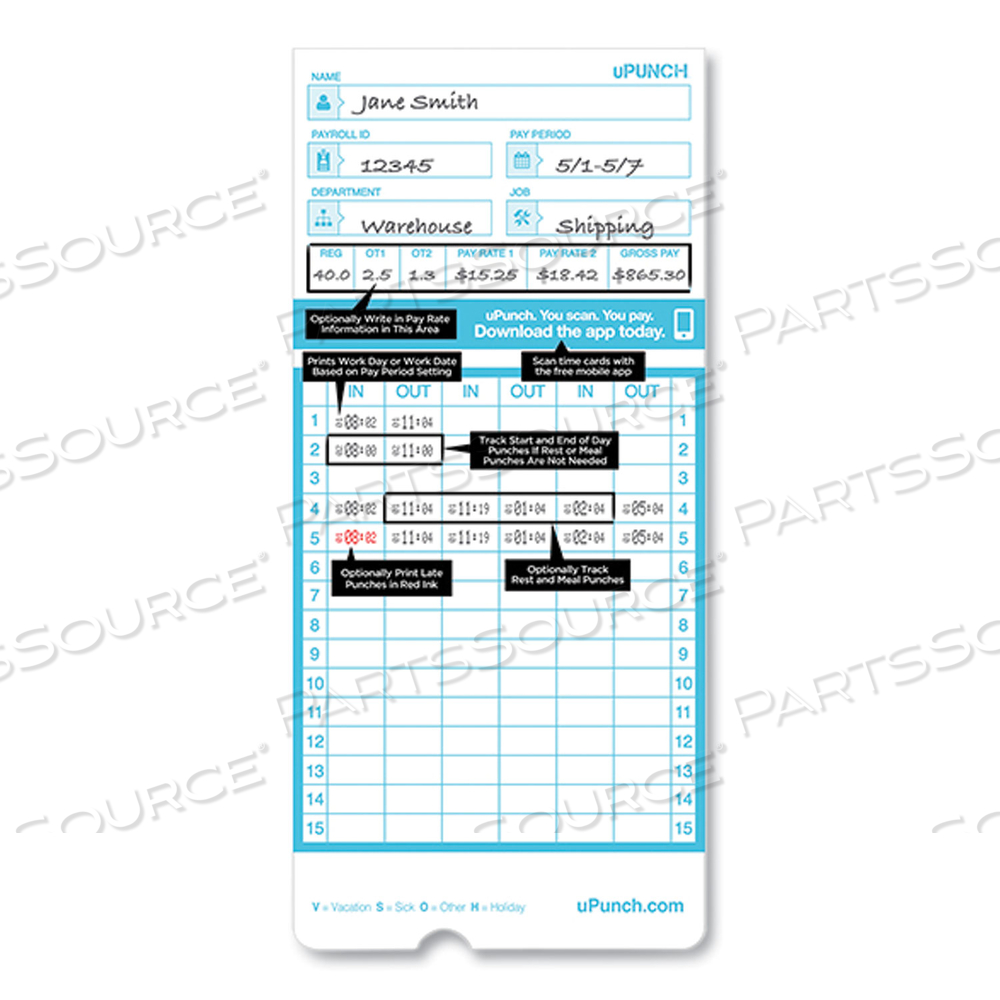 PAY-TO-PUNCH TIME CARD FOR SB1200 TIME CLOCK, TWO SIDES, 3.38 X 7.38 by uPunch