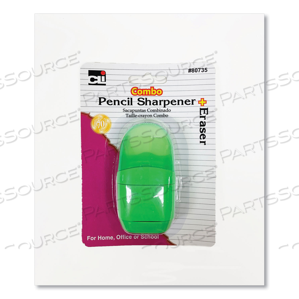 ONE-HOLE PENCIL SHARPENER/ERASER COMBO, 1" X 0.75", RANDOMLY ASSORTED COLORS by Charles Leonard
