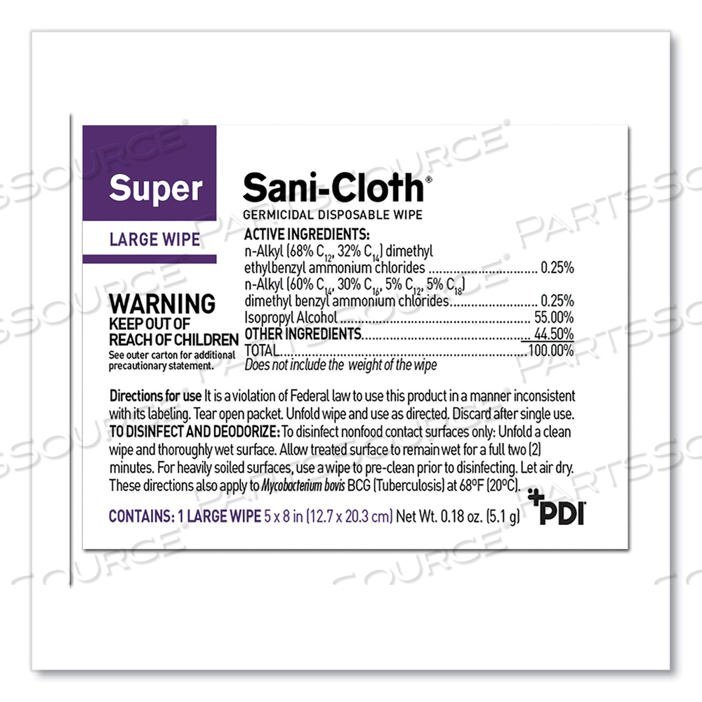 SUPER SANI-CLOTH INDIVIDUALLY WRAPPED GERMICIDAL DISPOSABLE WIPES, LARGE, 5 X 8, UNSCENTED, WHITE by Sani Professional