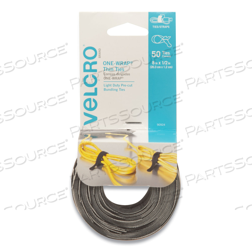 ONE-WRAP PRE-CUT THIN TIES, 0.5" X 8", BLACK/GRAY by Velcro