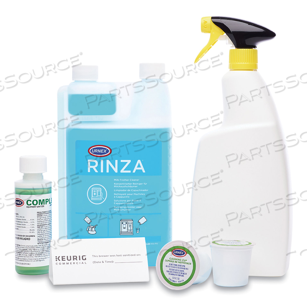 K-CUP POD BREWER DEEP CLEANING KIT, 4 OZ COMPLETE CAFE, (3) 32OZ RINZA, (15) K-CUP CLEANING CUPS, EMPTY SPRAY BOTTLE 