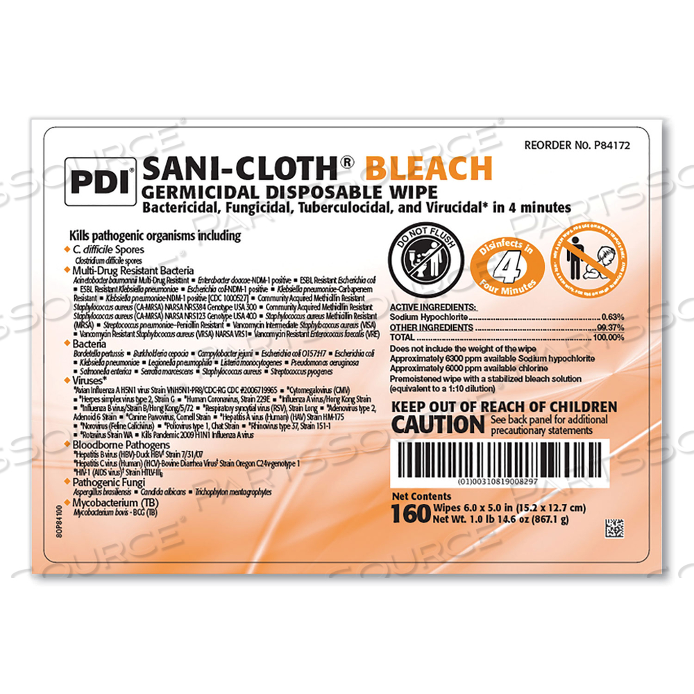 SANI-CLOTH BLEACH GERMICIDAL DISPOSABLE WIPES, 7.5 X 15, UNSCENTED, WHITE, 160/CANISTER by Sani Professional