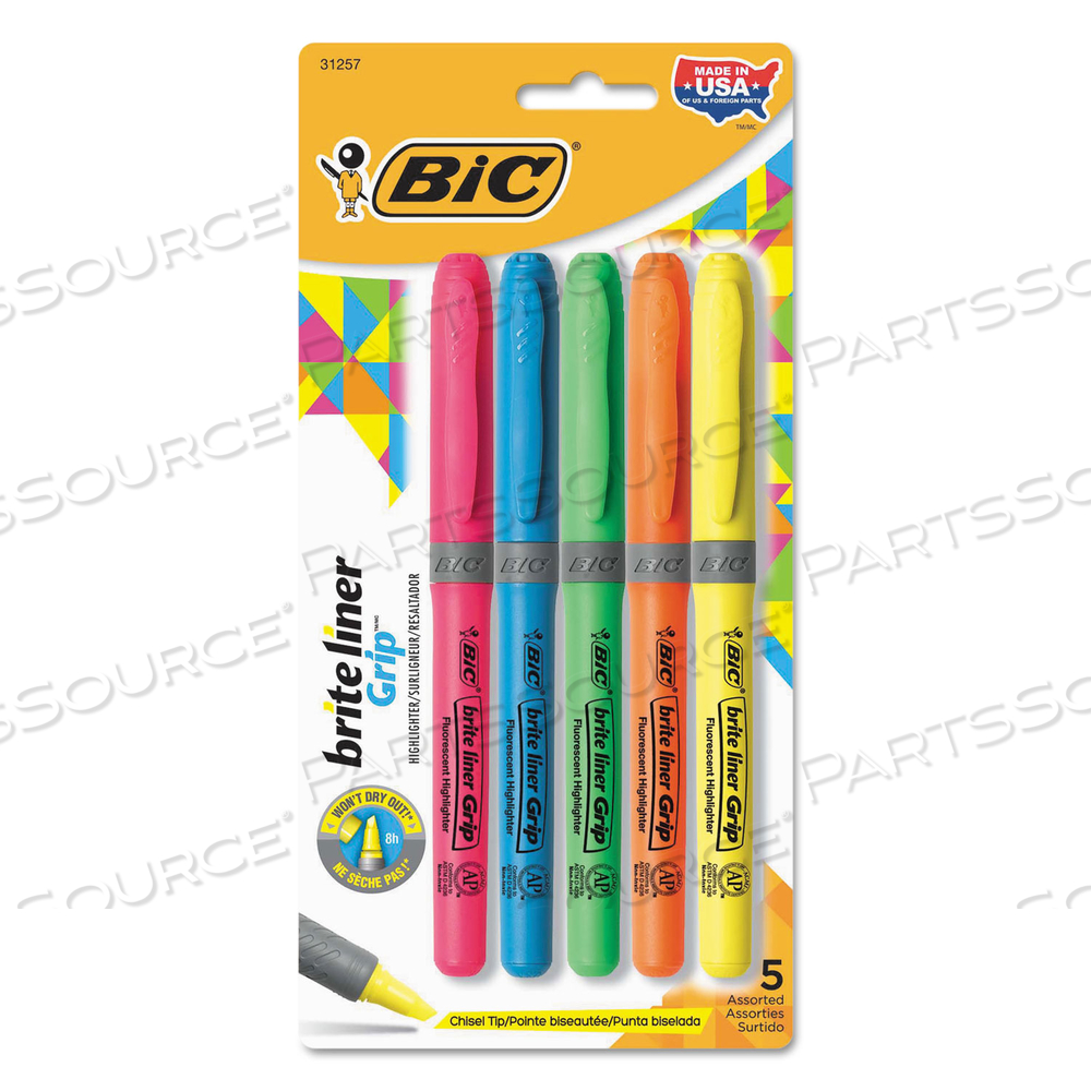 BRITE LINER GRIP POCKET HIGHLIGHTER, ASSORTED INK COLORS, CHISEL TIP, ASSORTED BARREL COLORS, 5/SET by BIC