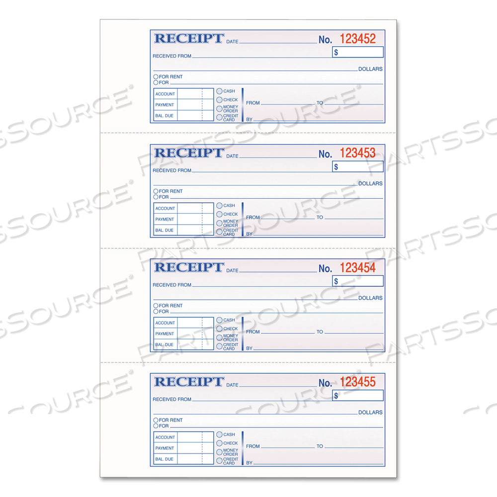 TOPS 3-PART HARDBOUND RECEIPT BOOK, THREE-PART CARBONLESS, 7 X 2.75, 4 FORMS/SHEET, 200 FORMS TOTAL by Adams