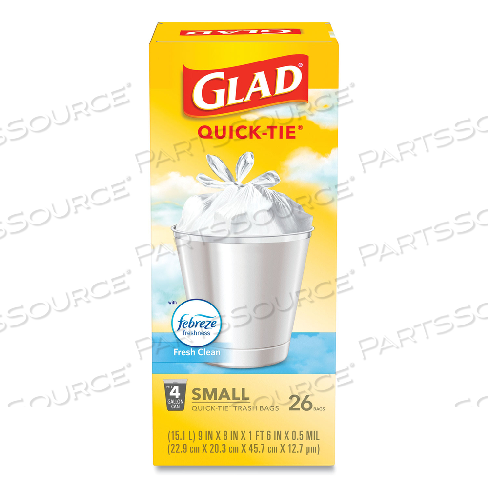 ODORSHIELD QUICK-TIE SMALL TRASH BAGS, 4 GAL, 0.5 MIL, 8" X 18", WHITE, 26 BAGS/BOX by Glad