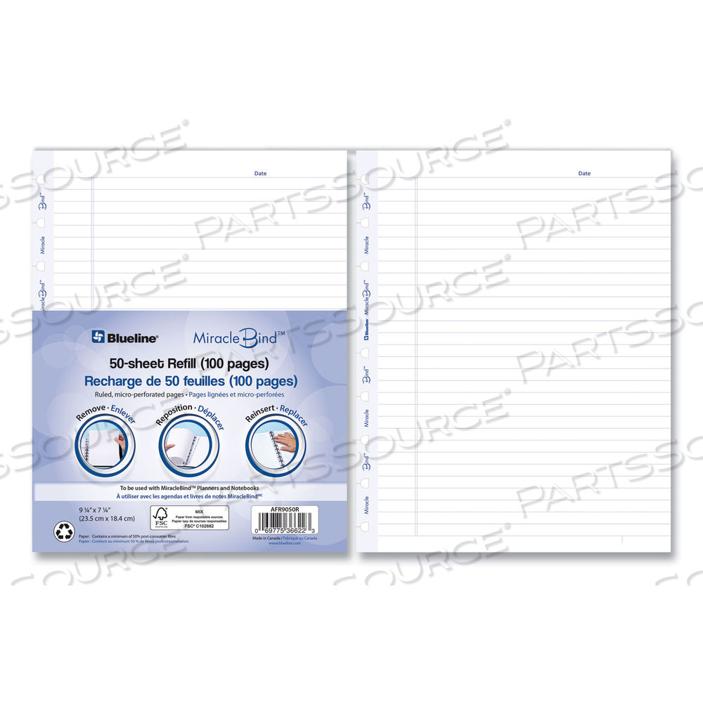 MIRACLEBIND RULED PAPER REFILL SHEETS FOR ALL MIRACLEBIND NOTEBOOKS AND PLANNERS, 9.25 X 7.25, WHITE/BLUE SHEETS, UNDATED by Blueline