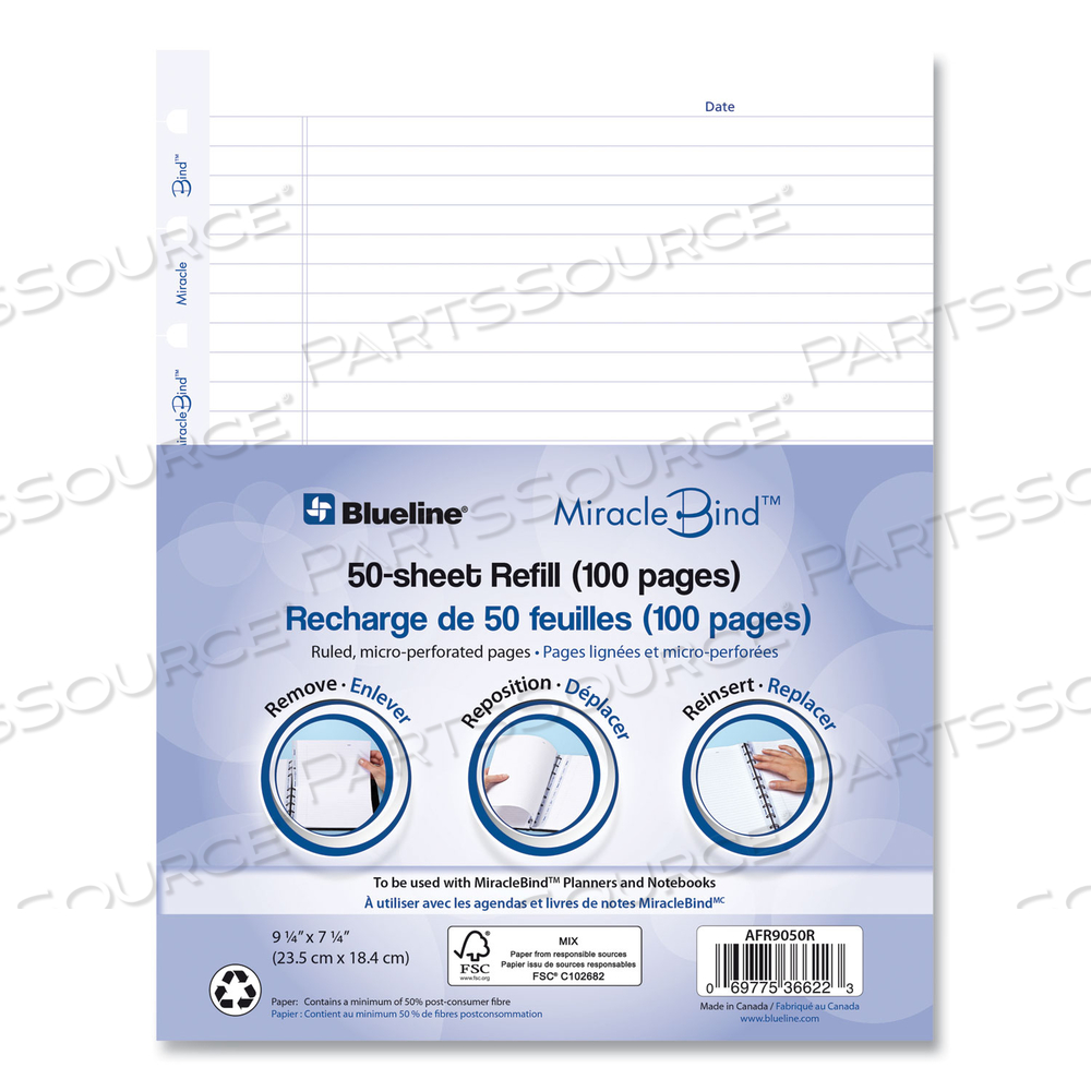 MIRACLEBIND RULED PAPER REFILL SHEETS FOR ALL MIRACLEBIND NOTEBOOKS AND PLANNERS, 9.25 X 7.25, WHITE/BLUE SHEETS, UNDATED by Blueline