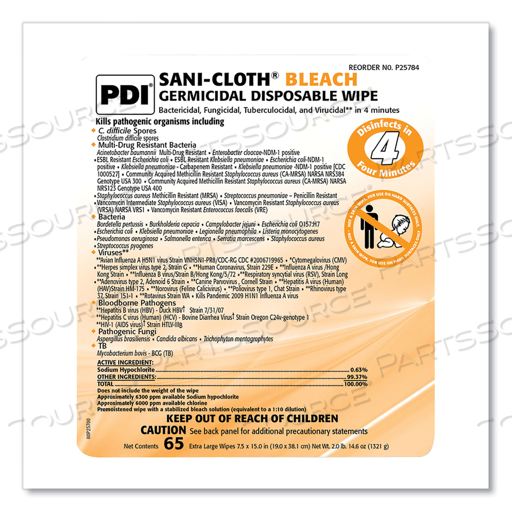 SANI-CLOTH BLEACH GERMICIDAL DISPOSABLE WIPES, 7.5 X 15, UNSCENTED, WHITE by Sani Professional
