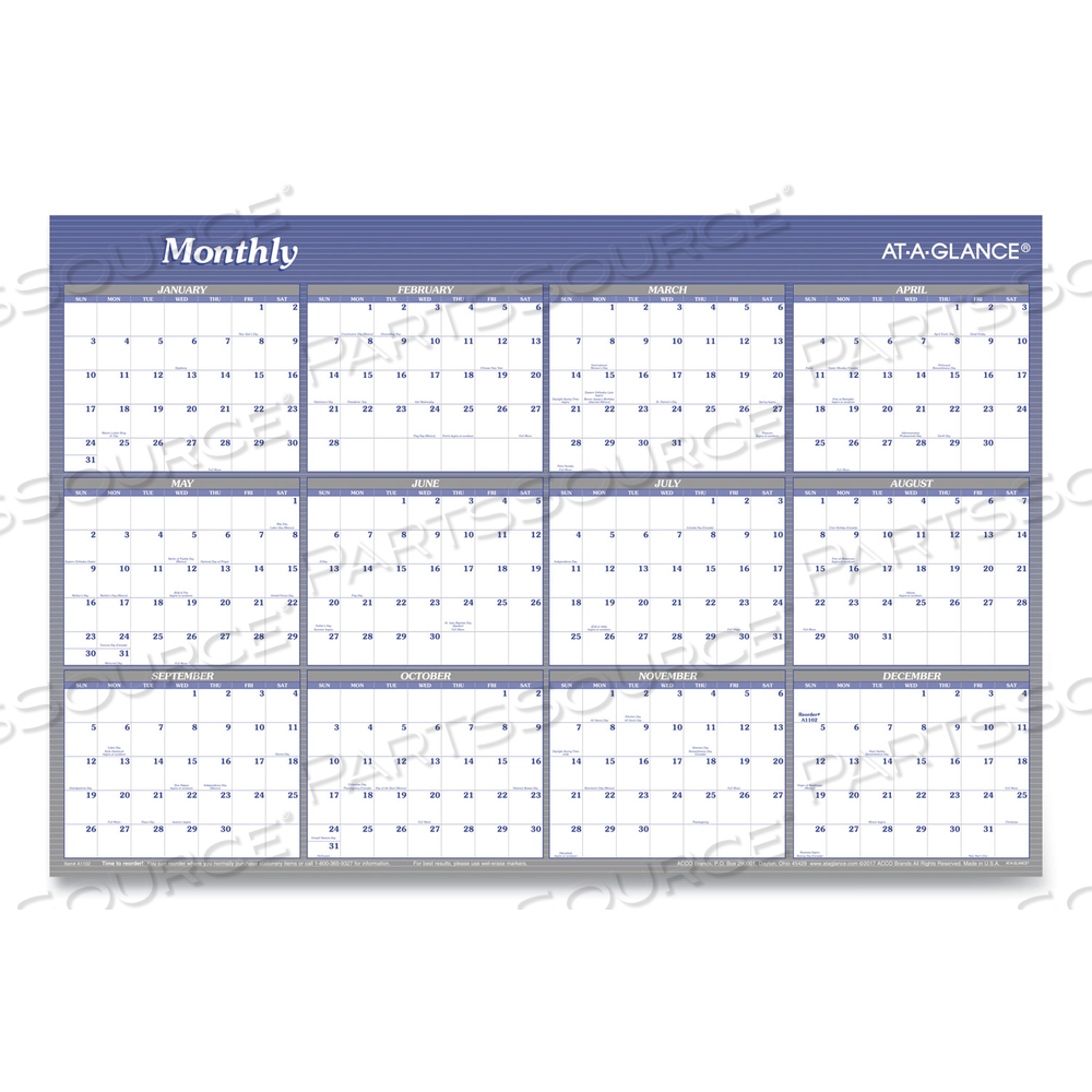VERTICAL/HORIZONTAL ERASABLE QUARTERLY/MONTHLY WALL PLANNER, 24 X 36, WHITE/BLUE SHEETS, 12-MONTH (JAN TO DEC): 2023 by At-A-Glance
