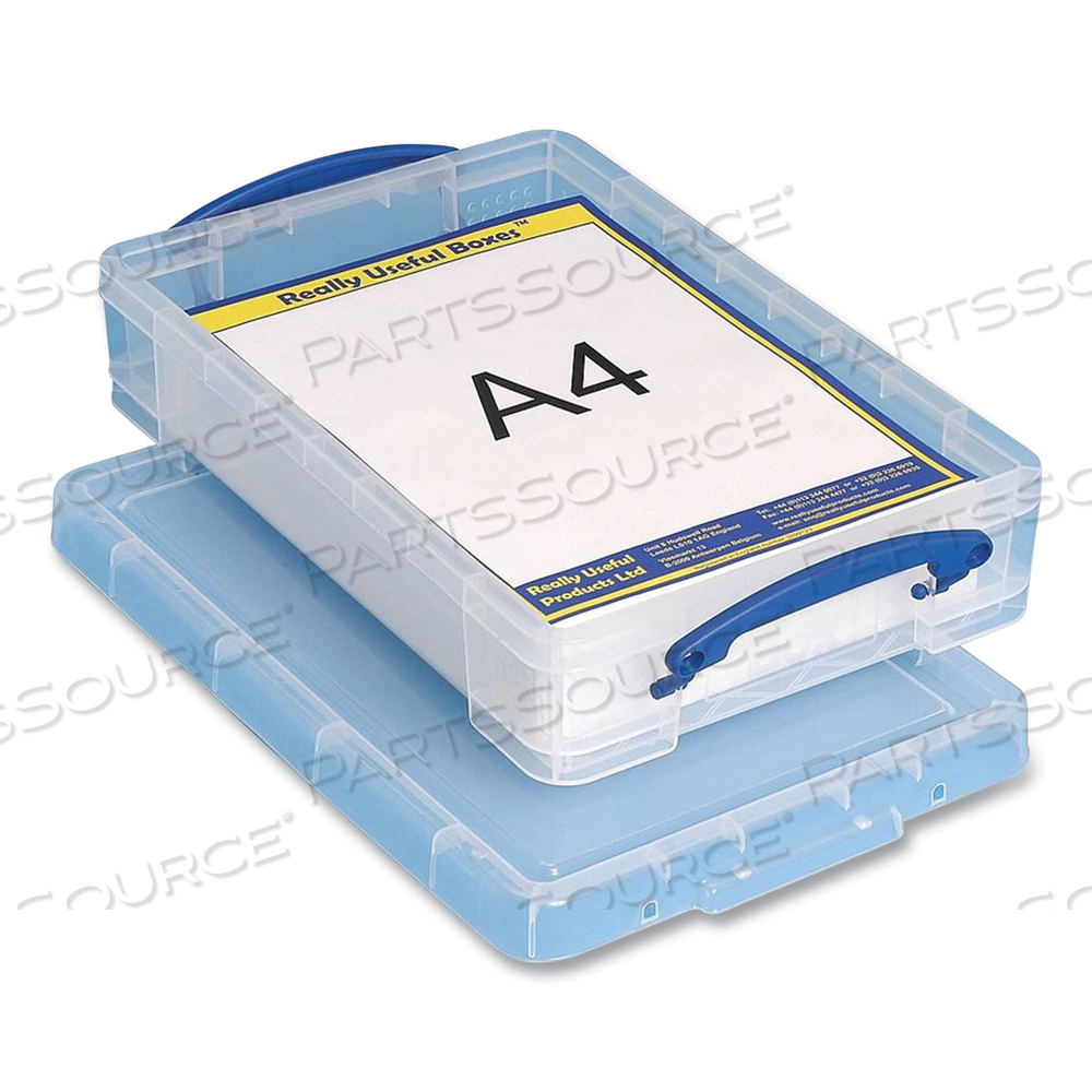 SNAP-LID STORAGE BIN, 1.05 GAL, 10.25" X 14.5" X 3.37", CLEAR/BLUE by Really Useful Box SNAP-LID STORAGE BIN, 1.05 GAL, 10.25" X 14.5" X 3.37", CLEAR/BLUE by Really Useful Box
