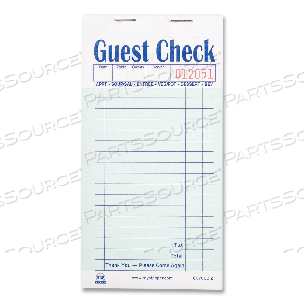 GUEST CHECK PAD, 17 LINES, TWO-PART CARBONLESS, 3.6 X 6.7, 50 FORMS/PAD by Royal Paper