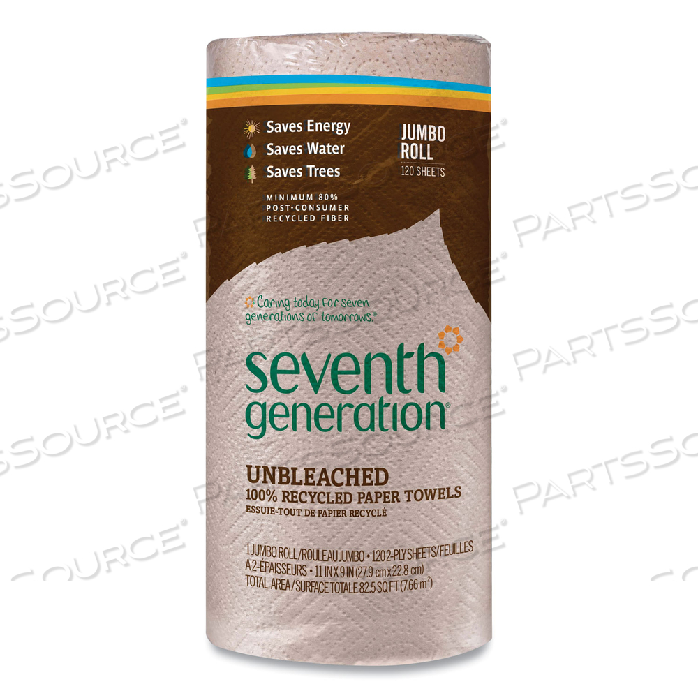 NATURAL UNBLEACHED 100% RECYCLED PAPER KITCHEN TOWEL ROLLS, 2-PLY, 11 X 9, 120 SHEETS/ROLL by Seventh Generation
