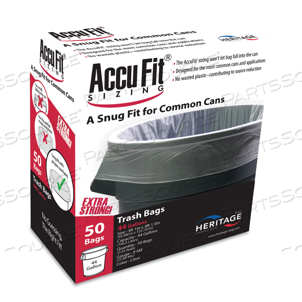 LINEAR LOW DENSITY CAN LINERS WITH ACCUFIT SIZING, 44 GAL, 0.9 MIL, 37" X 50", CLEAR by Accufit