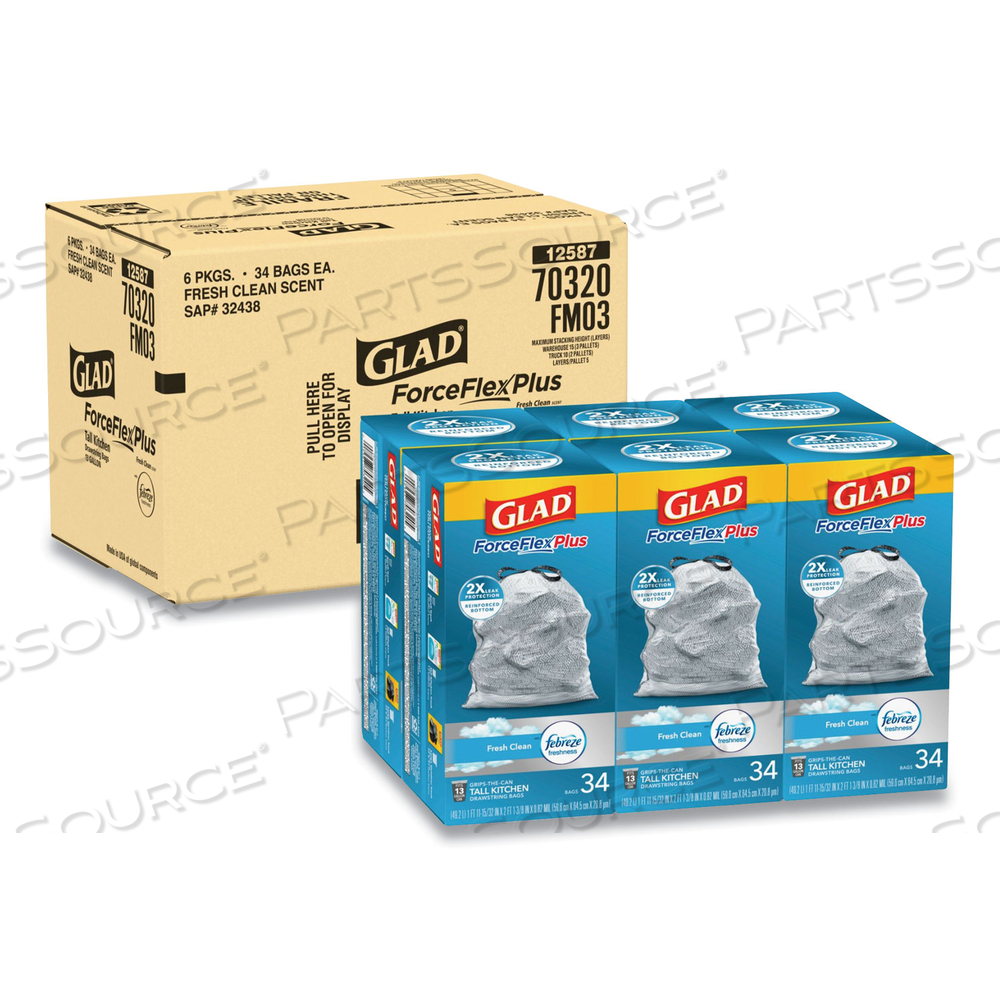 FORCEFLEXPLUS ODORSHIELD TALL KITCHEN DRAWSTRING TRASH BAGS, 13 GAL, 0.9 MIL, 24" X 28", WHITE, 34 BAGS/BOX by Glad