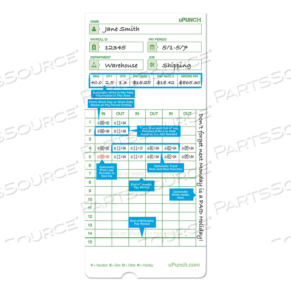 TIME CLOCK CARDS FOR UPUNCH HN1000/HN3000/HN3600, TWO SIDES, 7.5 X 3.5 by uPunch