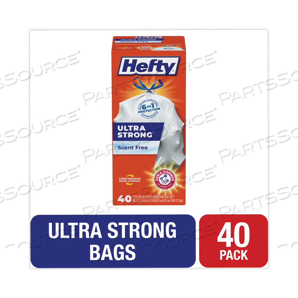 ULTRA STRONG TALL KITCHEN AND TRASH BAGS, 13 GAL, 0.9 MIL, 23.75" X 24.88", WHITE by Hefty