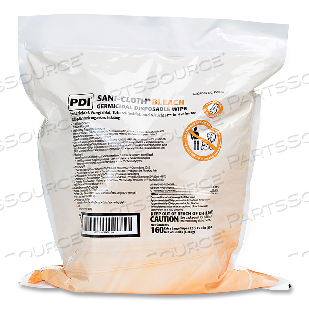 SANI-CLOTH BLEACH GERMICIDAL DISPOSABLE WIPE REFILL, 7.5 X 15, UNSCENTED, WHITE, 160/BAG by Sani Professional
