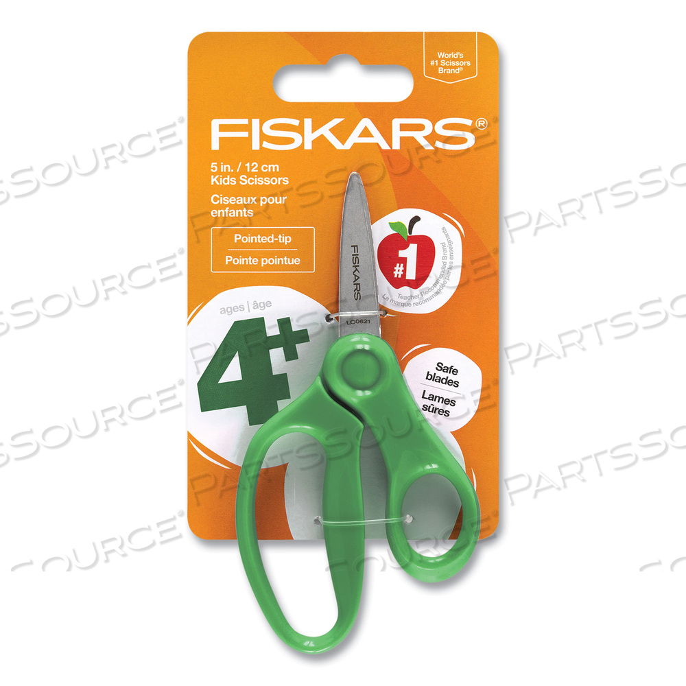 KIDS SCISSORS, POINTED TIP, 5" LONG, 1.75" CUT LENGTH, STRAIGHT HANDLES, RANDOMLY ASSORTED COLORS 