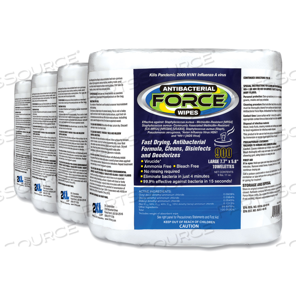 FORCE DISINFECTING WIPES REFILL, 6 X 8, UNSCENTED, WHITE by 2XL Corporation